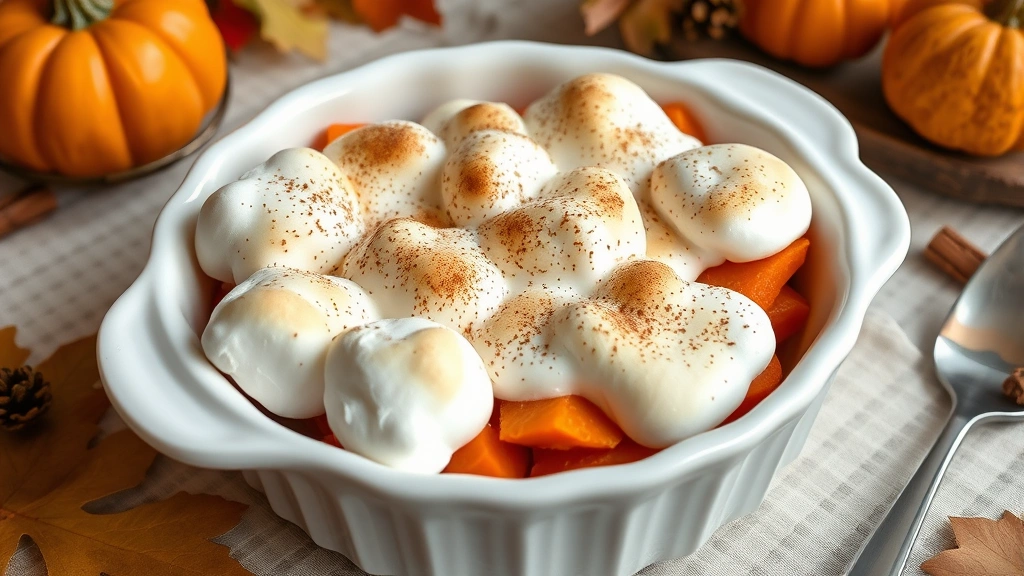 Finished candied sweet potatoes with marshmallow topping golden and puffy, fresh cinnamon sprinkled on top, served in vintage ceramic dish, table setting with autumn decorations