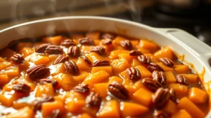 Golden-brown candied yams casserole bubbling with caramel sauce in ceramic baking dish, pecans visible on top, steam rising, warm kitchen lighting