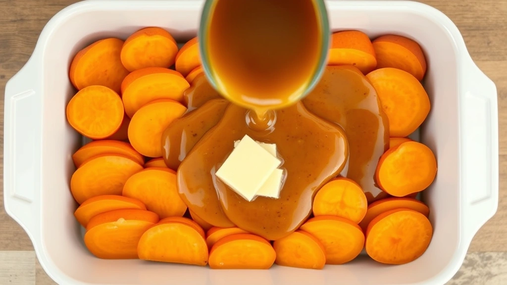 Sliced fresh yams arranged in layers in white baking dish before pouring buttery brown sugar sauce over them, overhead flat lay shot, natural daylight