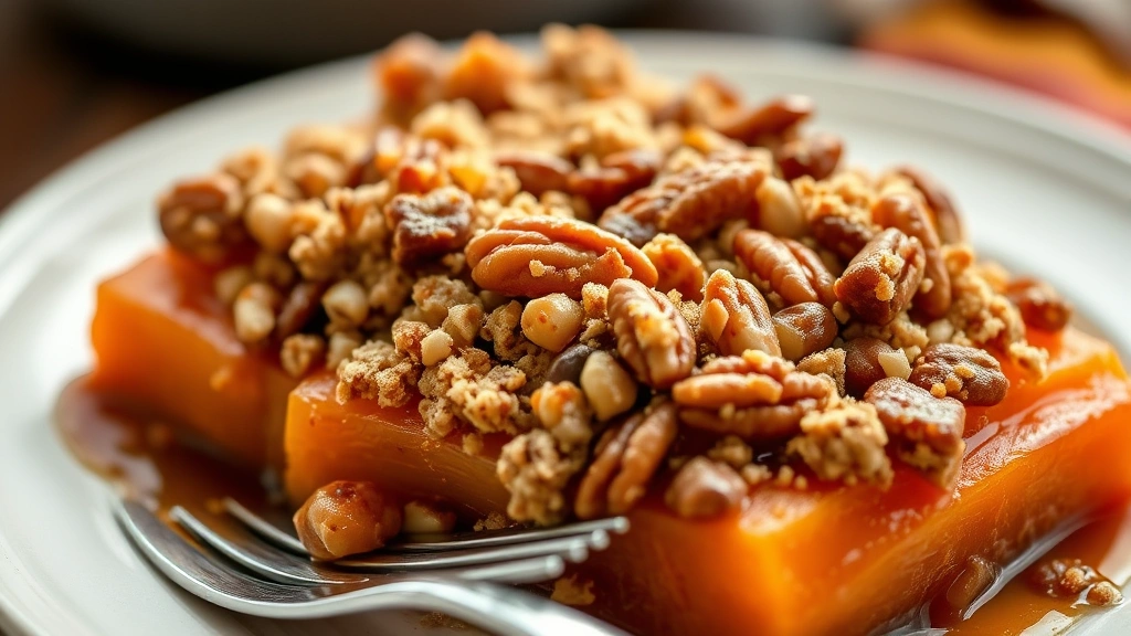 Close-up of finished candied yams with pecan streusel topping glistening with caramelized sauce, fork resting on side of plate, warm autumn tones