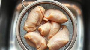 Overhead view of opened cans of chicken being drained in a fine-mesh strainer, showing clear liquid draining away, bright kitchen lighting, stainless steel sink background
