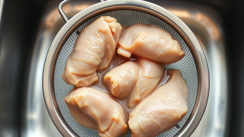 Overhead view of opened cans of chicken being drained in a fine-mesh strainer, showing clear liquid draining away, bright kitchen lighting, stainless steel sink background