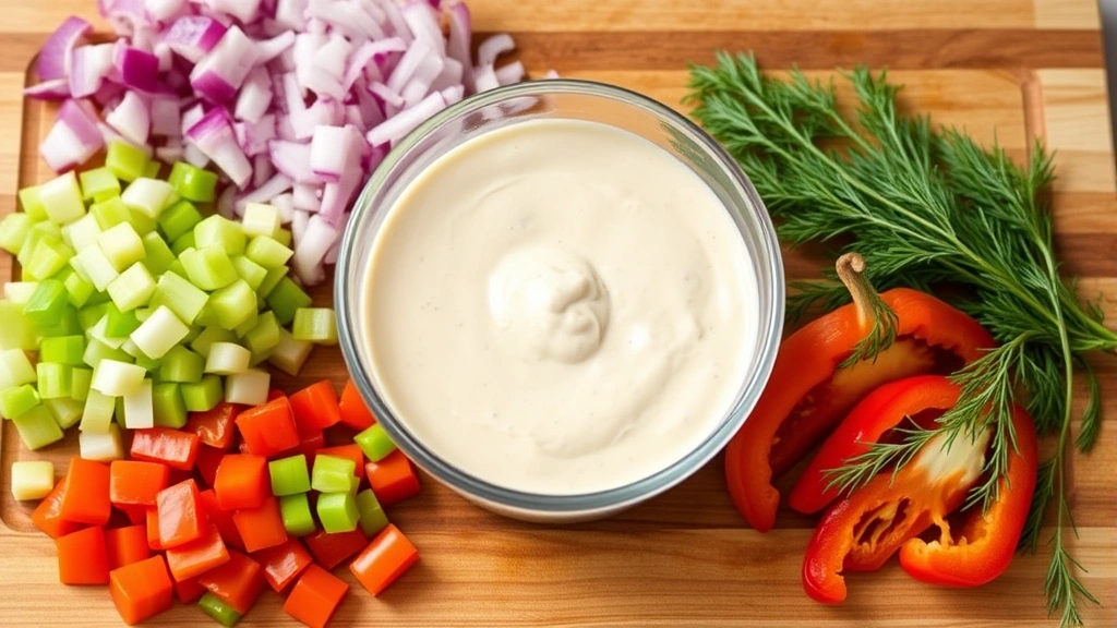 Colorful ingredients arranged on a wooden cutting board: diced red onion, celery pieces, bell peppers, fresh dill, and a bowl of creamy mayo-based dressing, natural daylight