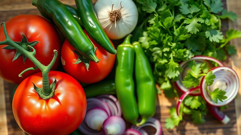 Close-up overhead shot of fresh ripe tomatoes, jalapeños, red onions, and cilantro arranged on a wooden cutting board, morning sunlight streaming across ingredients, vibrant colors and natural textures visible, shallow depth of field