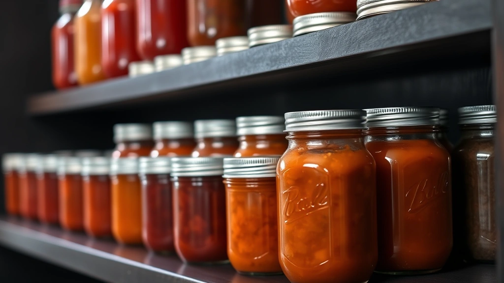 Finished jars of homemade salsa lined up on a dark wooden shelf, sealed lids reflecting light, varied salsa colors from red to orange-red, cool pantry lighting, organized storage display showing properly sealed jars with concave lids, professional arrangement