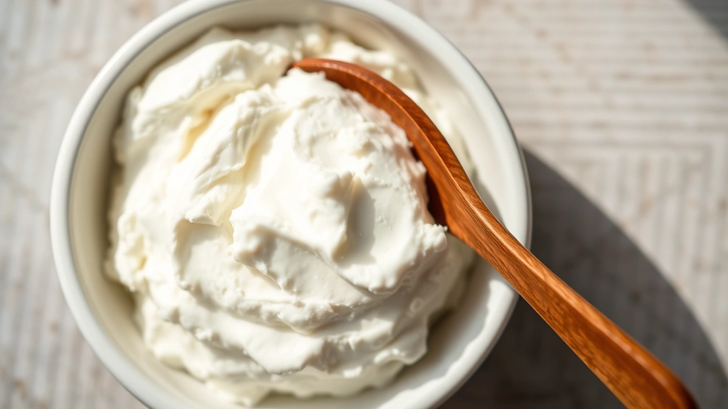 Overhead shot of fresh whole milk ricotta cheese in a white ceramic bowl with a wooden spoon, bright natural lighting, creamy texture clearly visible