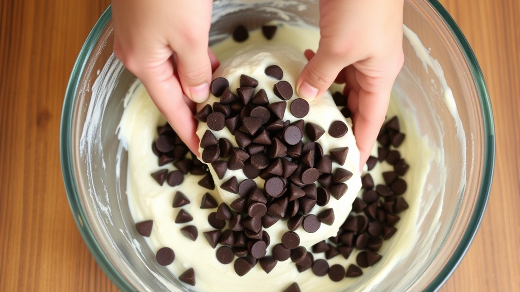 Hands gently folding chocolate chips into ricotta filling mixture in a large mixing bowl, showing the creamy, smooth texture of the combined ingredients