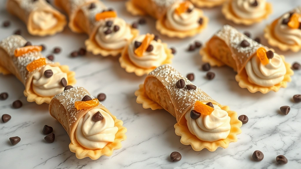 Finished cannoli filling piped into crispy pastry shells arranged on a marble surface, garnished with mini chocolate chips and candied orange peel, shallow depth of field