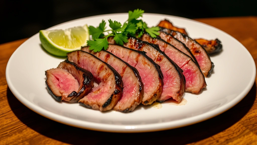 Sliced carne asada on white plate with charred edges, pink juicy center, arranged in overlapping strips, garnished with fresh lime wedge and cilantro, grilled char marks visible, warm ambient lighting