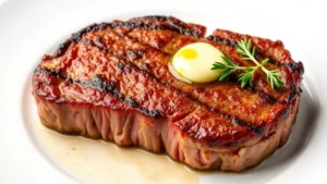 Perfectly seared ribeye steak with golden-brown crust, resting on white plate, garnished with fresh herb sprig and melting butter dollop, photorealistic food photography