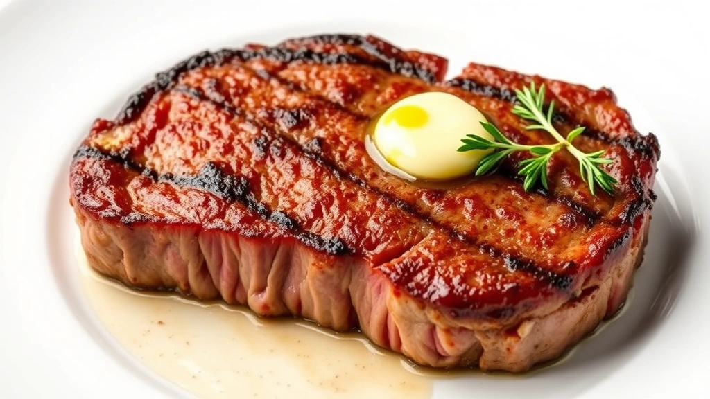 Perfectly seared ribeye steak with golden-brown crust, resting on white plate, garnished with fresh herb sprig and melting butter dollop, photorealistic food photography