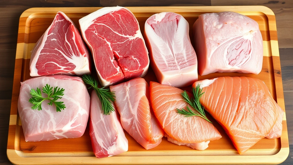 Assorted raw meat cuts displayed on wooden board including ribeye, pork belly, chicken thighs, and salmon fillet, natural lighting highlighting marbling and color variation