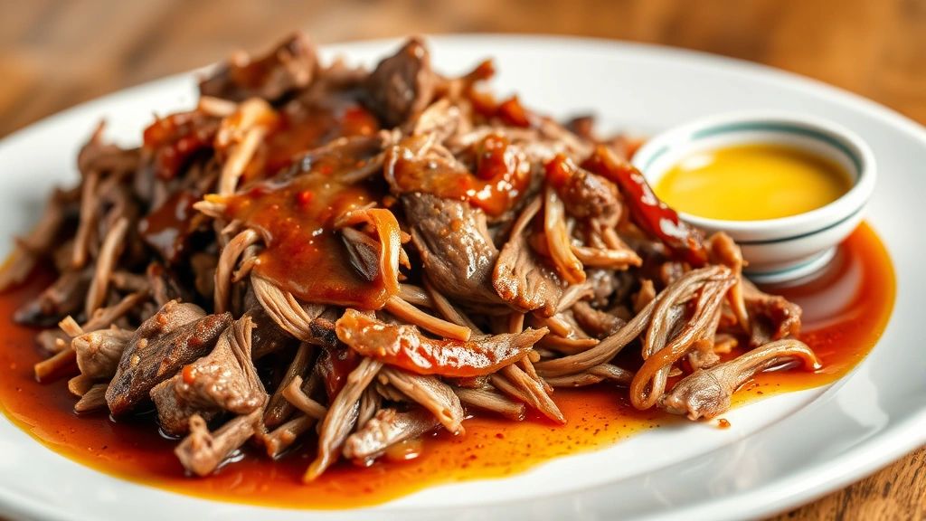 Slow-cooked beef brisket shredded on white plate with glossy pan sauce, steam rising, accompanied by rendered fat in small dish, professional food styling