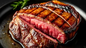 Perfectly seared thick-cut beef steak with golden crust, rare pink center, glistening with rendered fat, on dark cast iron skillet, professional food photography
