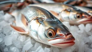 Close-up of fresh whole catfish on crushed ice at a fish market, showing bright eyes and glistening scales, natural lighting emphasizing freshness and quality