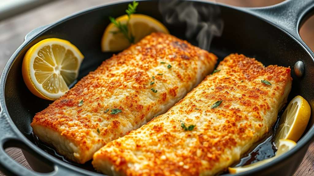 Golden-brown pan-fried catfish fillets with crispy cornmeal crust in cast-iron skillet, steam rising, surrounded by lemon wedges and fresh herbs, warm natural lighting