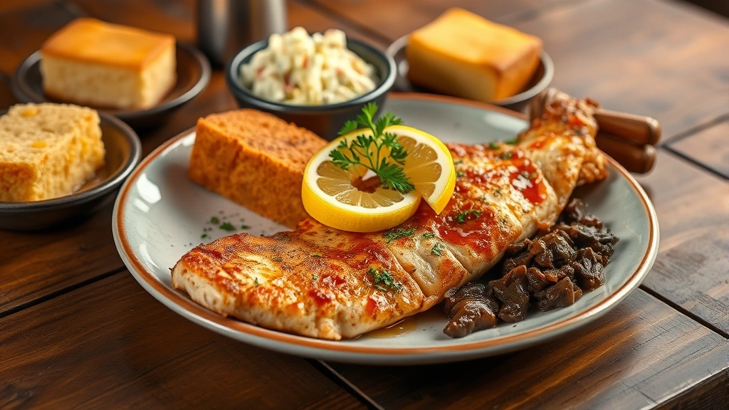 Plated Southern catfish dinner with cornbread, coleslaw, and collard greens, rustic wooden table setting with soft ambient lighting, garnished with parsley and lemon
