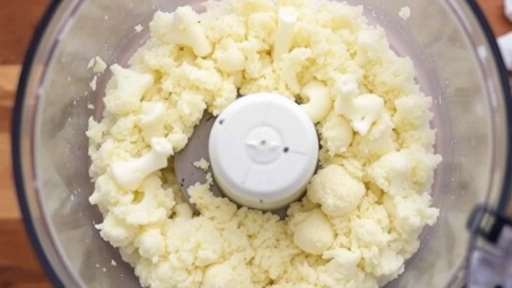 Fresh head of cauliflower florets pulsed into fine rice-like texture in food processor, showing the consistency before moisture removal