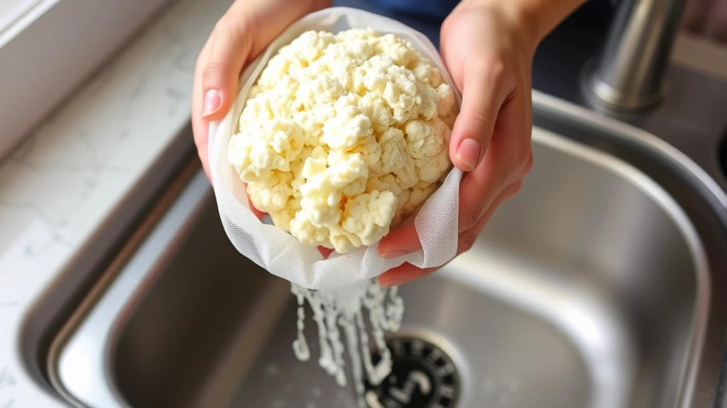 Hands squeezing processed cauliflower in cheesecloth over sink, water dripping, demonstrating moisture removal technique for pizza crust preparation