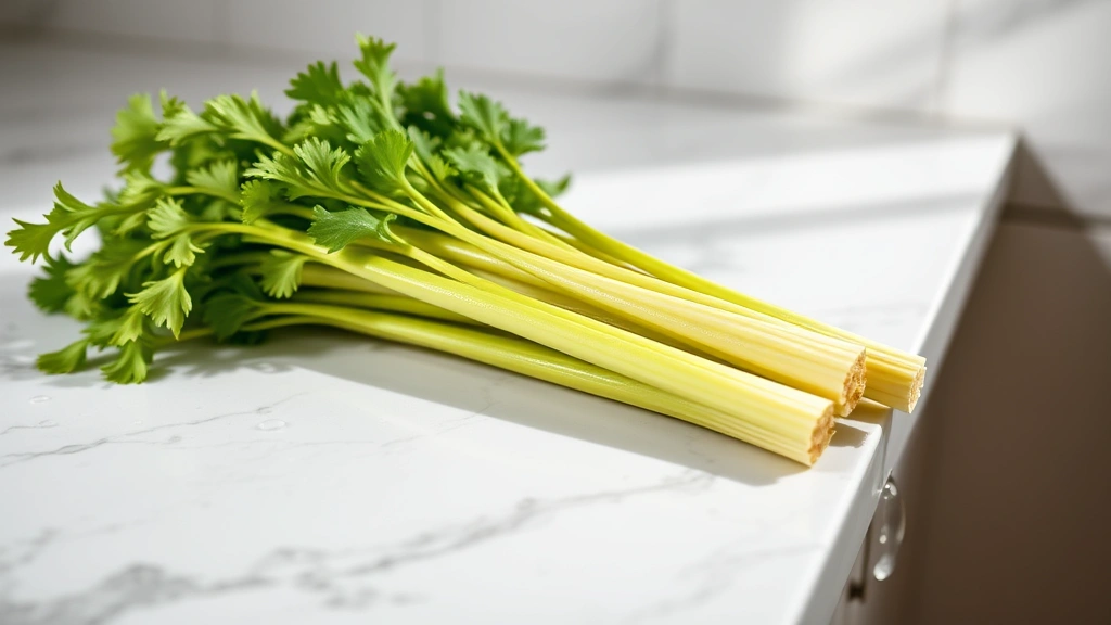 Fresh organic celery bunch with bright green stalks arranged on a white marble countertop, water droplets visible after washing, natural morning sunlight streaming across, photorealistic food photography, shallow depth of field