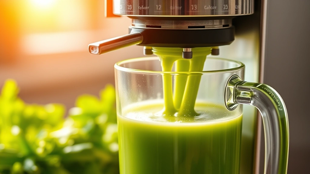 Cold-press juicer extracting vibrant green celery juice into a glass pitcher, fresh celery stalks visible in the feed chute, golden morning light illuminating the juice stream, close-up detail shot, professional food photography style