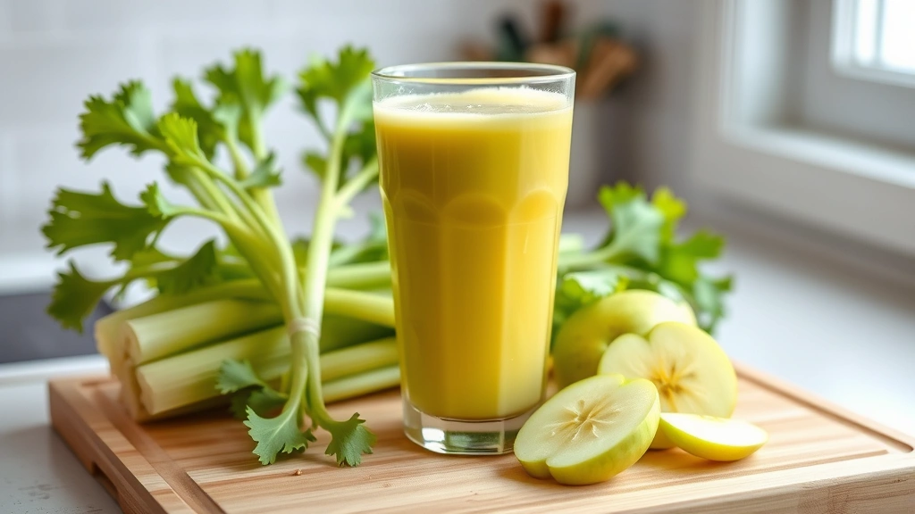 Glass of freshly made celery juice with golden-green color, sitting beside a whole celery bunch and sliced green apple on a light wooden cutting board, morning kitchen setting, natural window light, appetizing presentation