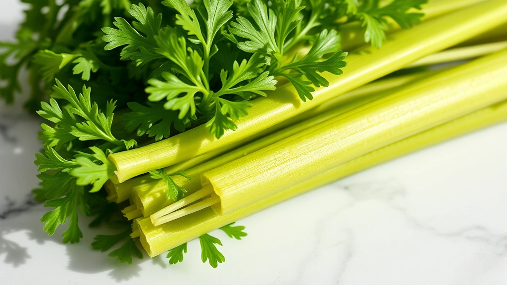 Close-up of fresh celery bunch with vibrant green stalks and leaves, water droplets visible, arranged on white marble surface with natural daylight