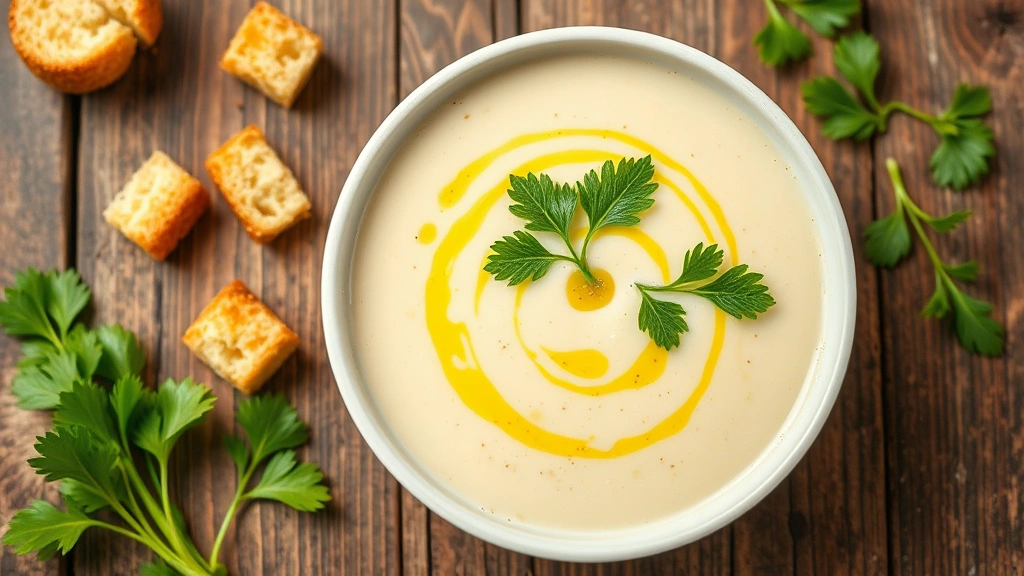 Overhead shot of creamy celery soup in white ceramic bowl, garnished with crispy croutons, fresh celery leaves, and drizzle of green olive oil, rustic wooden table background