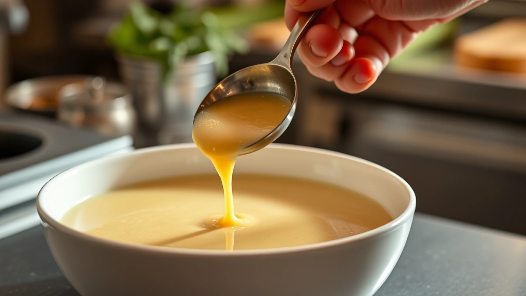 Hands holding ladle pouring silky smooth celery soup into warmed white bowl, steam rising, professional kitchen setting with soft warm lighting
