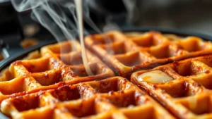 Golden-brown crispy waffle iron chaffle with melted cheese visible, steam rising from the waffle iron, close-up detail shot showing texture and color