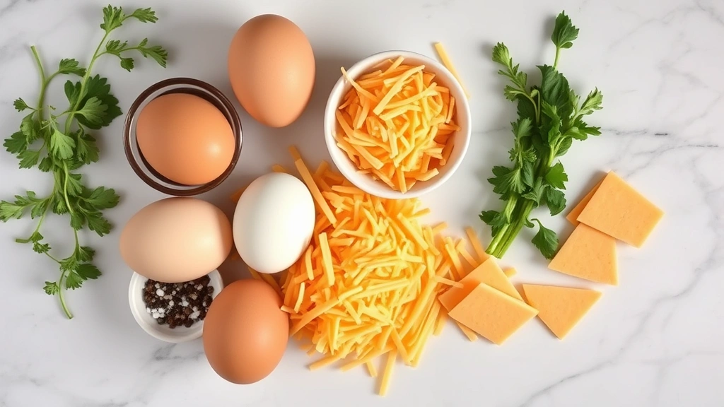 Overhead flat lay of chaffle ingredients arranged artfully: eggs, shredded sharp cheddar cheese in a pile, small bowl of salt and pepper, fresh herbs nearby on marble surface