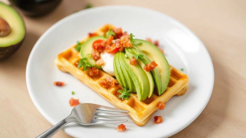 Finished chaffle on white plate topped with creamy avocado slices, crispy bacon crumbles, and fresh microgreens, with fork positioned beside it ready to eat