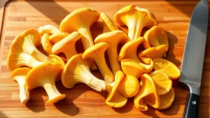 Golden chanterelle mushrooms freshly cleaned and sliced vertically, arranged on a wooden cutting board with a chef's knife, warm natural lighting highlighting their funnel-shaped structure and vibrant color