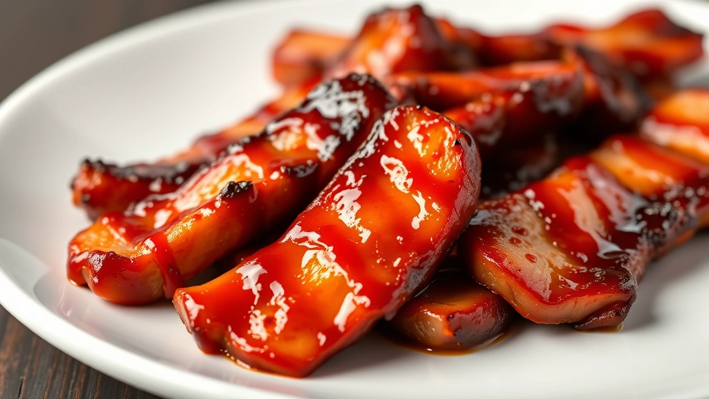 Glossy char siu pork strips fresh from oven with deep mahogany caramelized exterior, glistening marinade coating, steam rising, professional plating on white plate