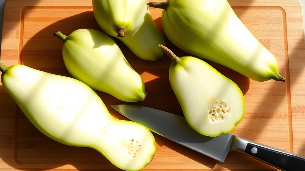 Fresh whole chayote vegetables arranged on a wooden cutting board with a sharp knife, showing the pale green skin and pear-like shape, natural daylight streaming across the surface