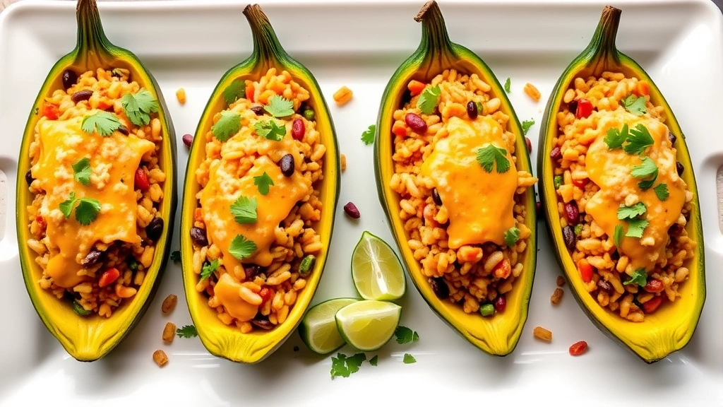 Four beautiful stuffed chayote boat halves on a white ceramic platter, filled with colorful rice and bean mixture topped with melted cheese, garnished with fresh cilantro and lime wedges