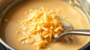 Close-up of melted sharp cheddar cheese being stirred into creamy béchamel sauce in a stainless steel saucepan, steam rising, glossy golden texture