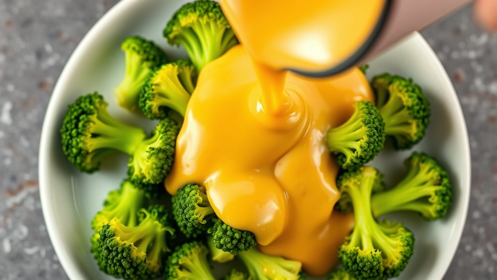 Overhead view of finished creamy cheddar cheese sauce being poured over steamed broccoli florets on a white plate, rich amber color, silky coating