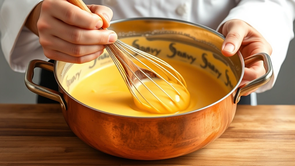 Professional chef's hands whisking a smooth golden cheese sauce in a copper-bottomed pan with wooden spoon, showing proper technique and consistency