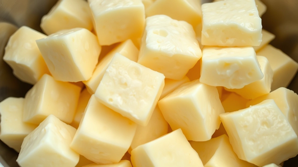 Close-up of fresh cheese curds in a stainless steel bowl with visible moisture and squeaky texture, natural lighting, golden-white color, some curds stacked showing their shape and structure