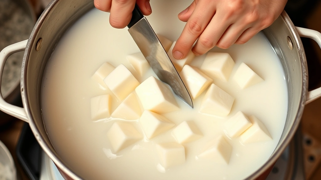 Hands using a long cheese knife to cut white curd curds in a large pot of milk, showing the clean cutting technique and cubic pieces forming, steam rising slightly