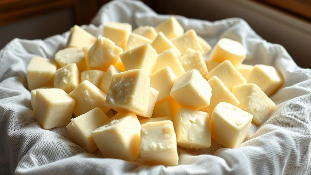 Finished fresh cheese curds spread on white cheesecloth draining, showing individual curds with glossy surface, salt crystals visible, warm natural daylight from window