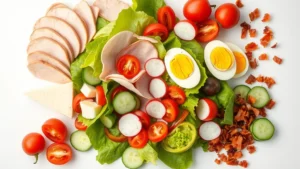Overhead flat lay of fresh chef salad ingredients arranged separately: sliced turkey, ham, Swiss cheese, hard-boiled eggs, crisp lettuce, tomato wedges, cucumber slices, radishes, bell pepper strips, and crispy bacon bits on white surface with natural lighting