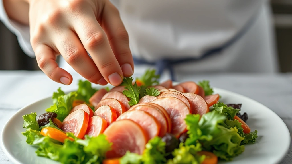 Close-up of professional chef hands arranging proteins and vegetables on a composed chef salad with fresh greens, showing neat rows of sliced meats, perfectly arranged vegetables, and artistic plating technique