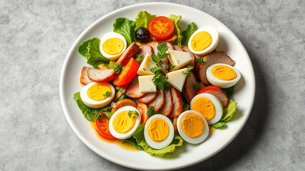 Finished restaurant-quality chef salad plated on white dish with arranged sections of proteins, colorful vegetables, hard-boiled eggs, cheese, and fresh herbs, professional photography with vinaigrette drizzle, overhead 45-degree angle shot