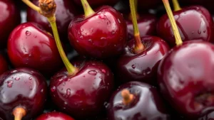 Close-up of ripe dark red cherries with water droplets, freshly washed and glistening in natural light, some with stems attached, showcasing the glossy skin and deep crimson color perfect for cordial-making