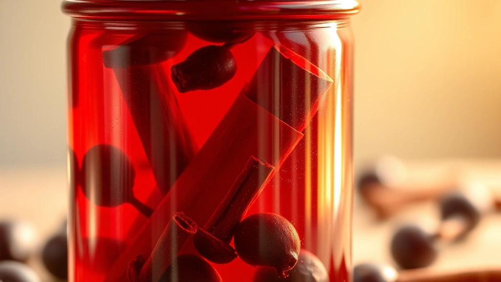 A clear glass jar filled with deep burgundy cherry bounce liquid showing the rich color development, whole cinnamon sticks and cloves visible suspended in the liquid, golden light filtering through the jar to highlight the translucent quality
