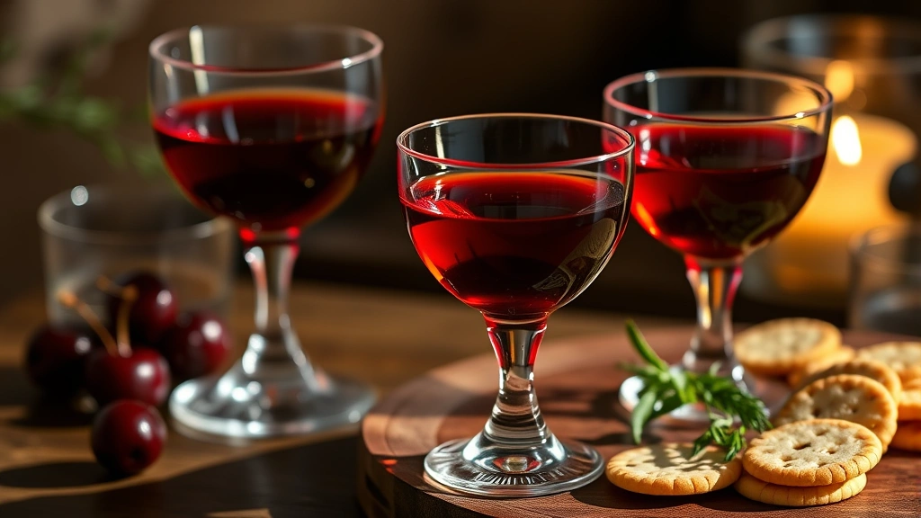 Elegant glassware displaying finished cherry bounce cordial in small vintage-style glasses, rich ruby-red liquid catching warm lamplight, served alongside a cheese plate with fresh herbs and crackers for presentation