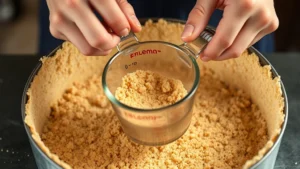 Close-up of hands pressing graham cracker crust mixture into springform pan with measuring cup, golden buttery crumbs visible, professional kitchen lighting