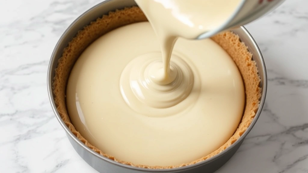 Pouring smooth creamy cheesecake batter into prepared crust, batter flowing smoothly from mixing bowl, glossy texture visible, springform pan on marble countertop
